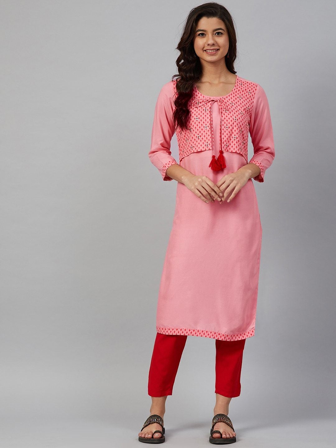 Women's Pink Solid Straight Kurta with Attached Ethnic Jacket - Meeranshi