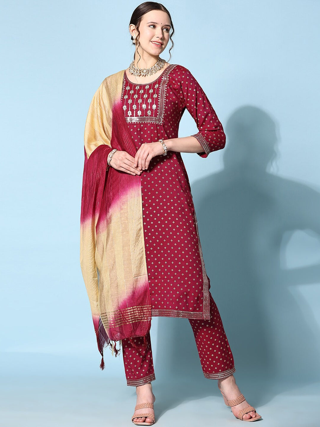 Women's Floral Printed Sequinned Kurta With Trousers & Dupatta - Noz2Toz