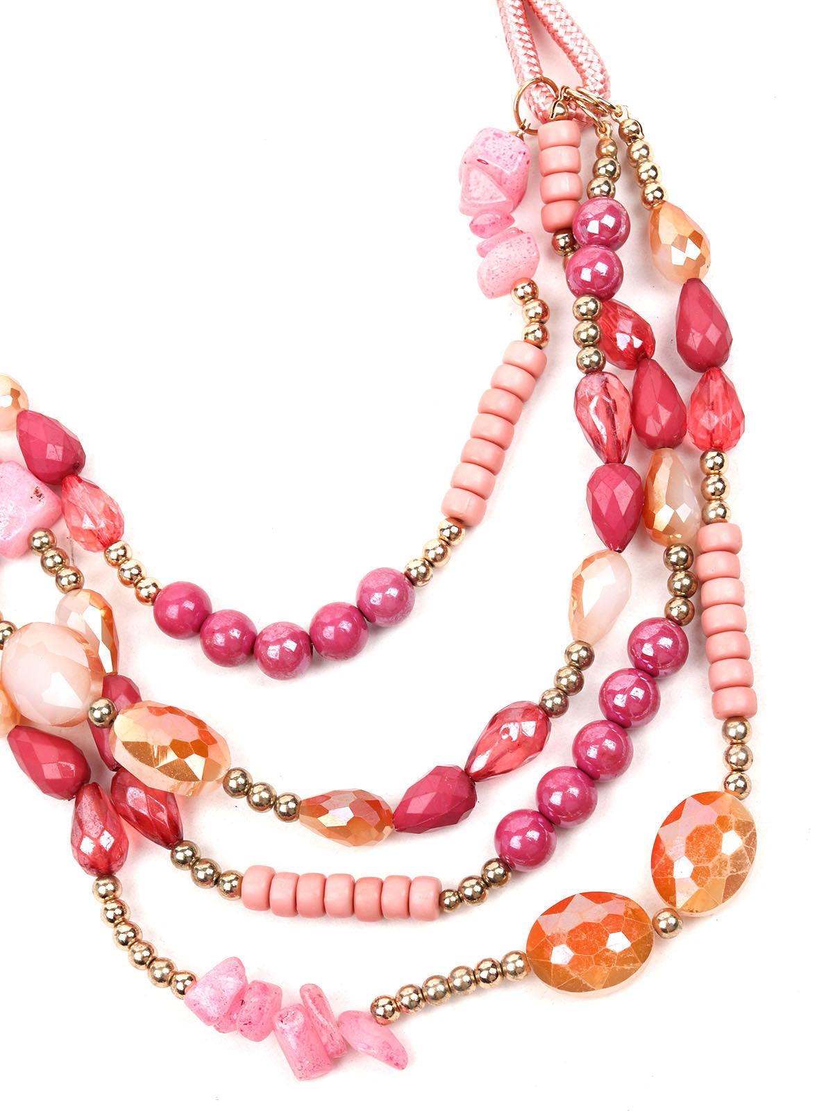 Women's Candy Floss Pink Layered Beaded Necklace-Pink - Odette