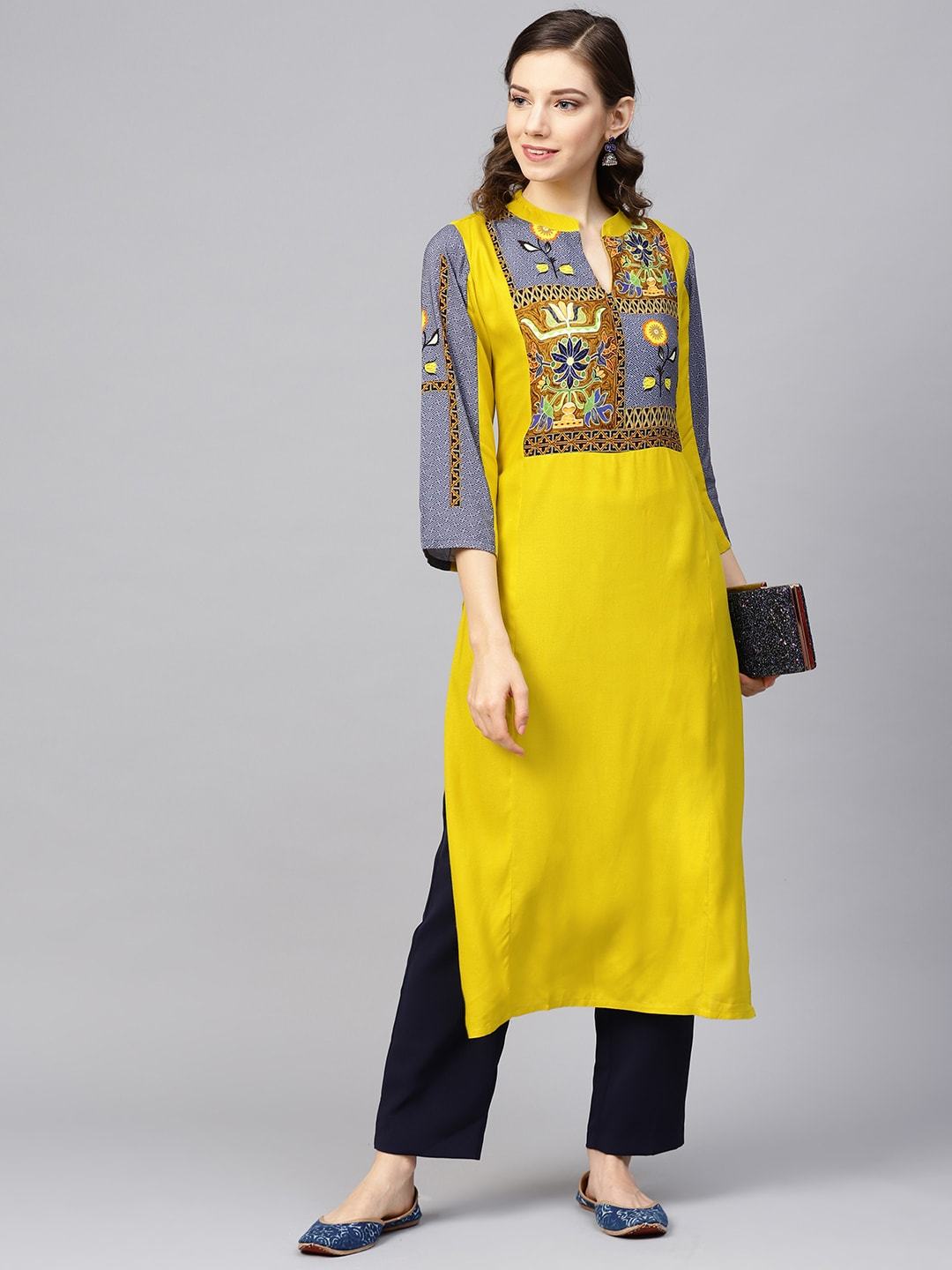Women's Lime Green & Blue Yoke Design Straight Kurta - Meeranshi