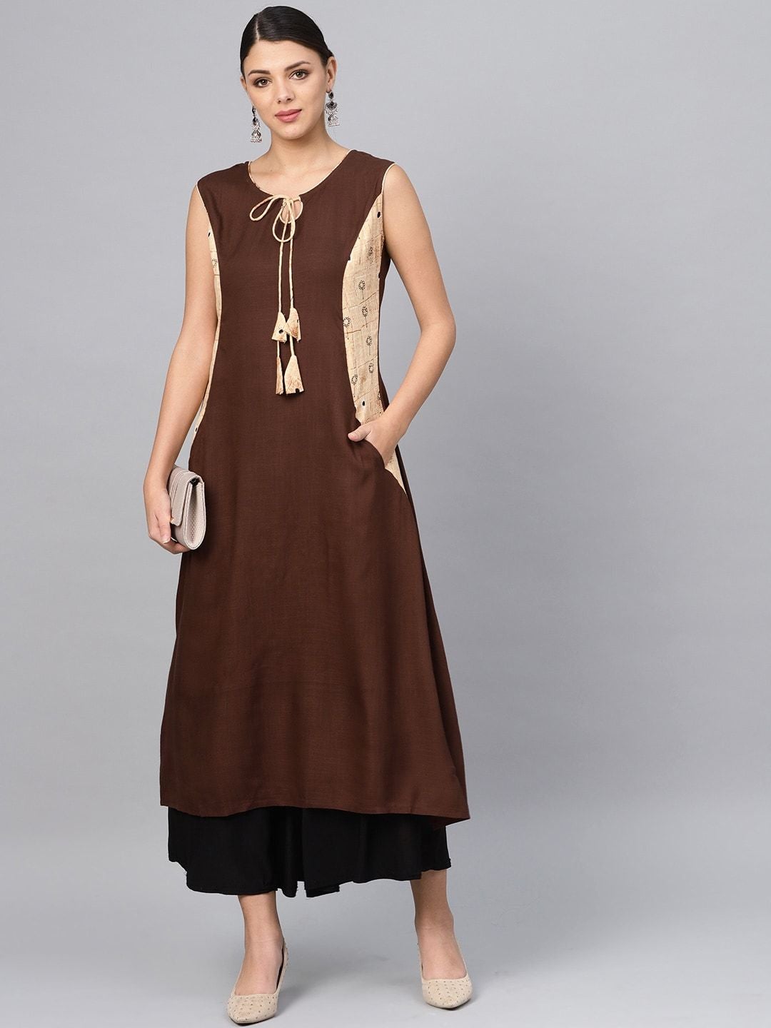 Women's Brown Solid A-Line Kurta - Meeranshi