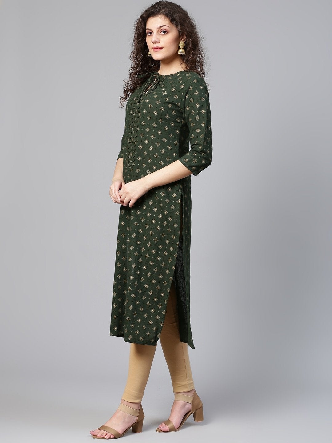 Women's Green & Golden Printed Straight Kurta - Meeranshi