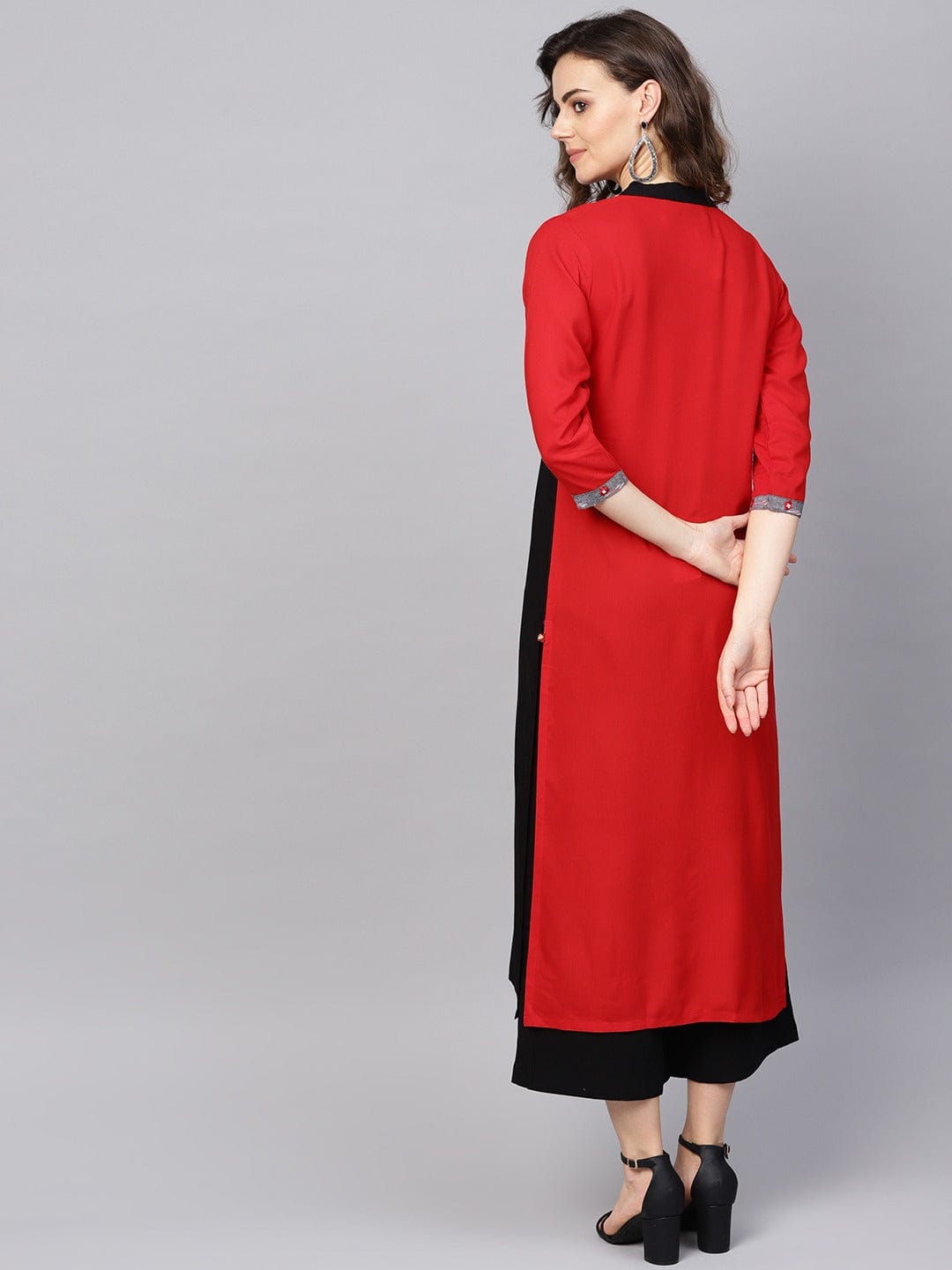 Women's Red & Black Ikat Handloom Colourblocked Straight Kurta - Varanga