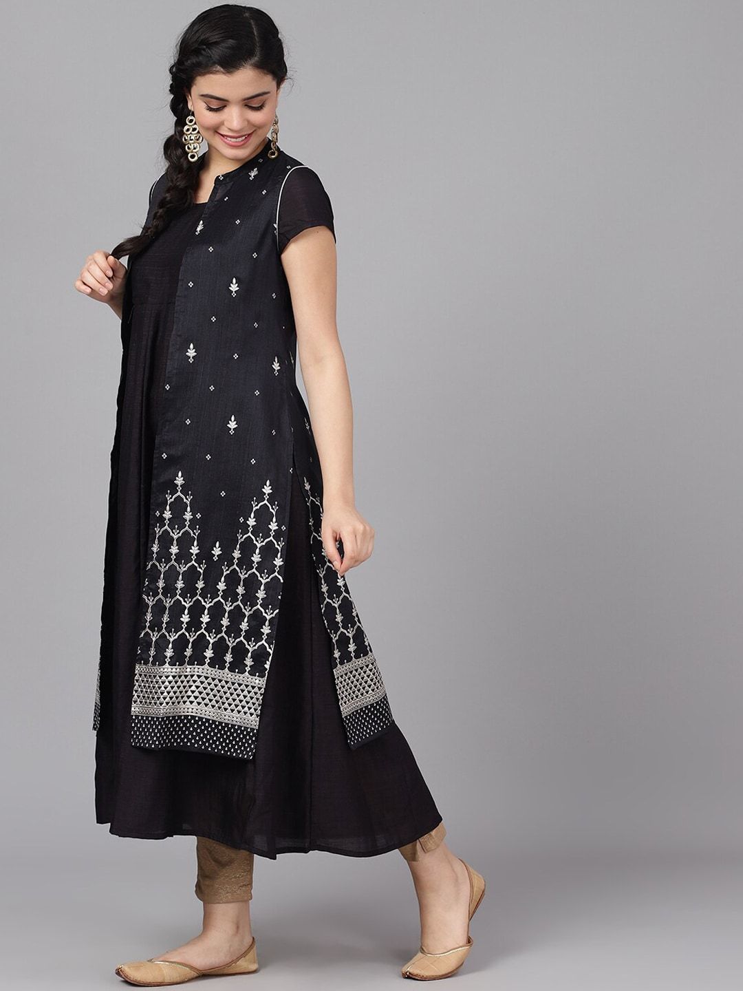 Women's  Black & Silver-Toned Embroidered Anarkali Kurta - AKS