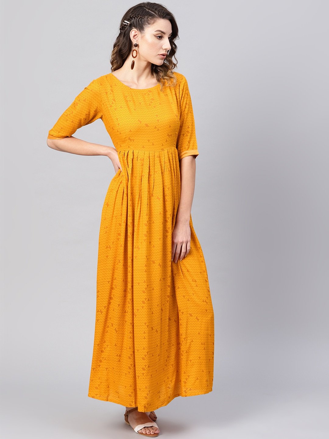 Women's  Mustard Yellow Printed Maxi Dress - AKS