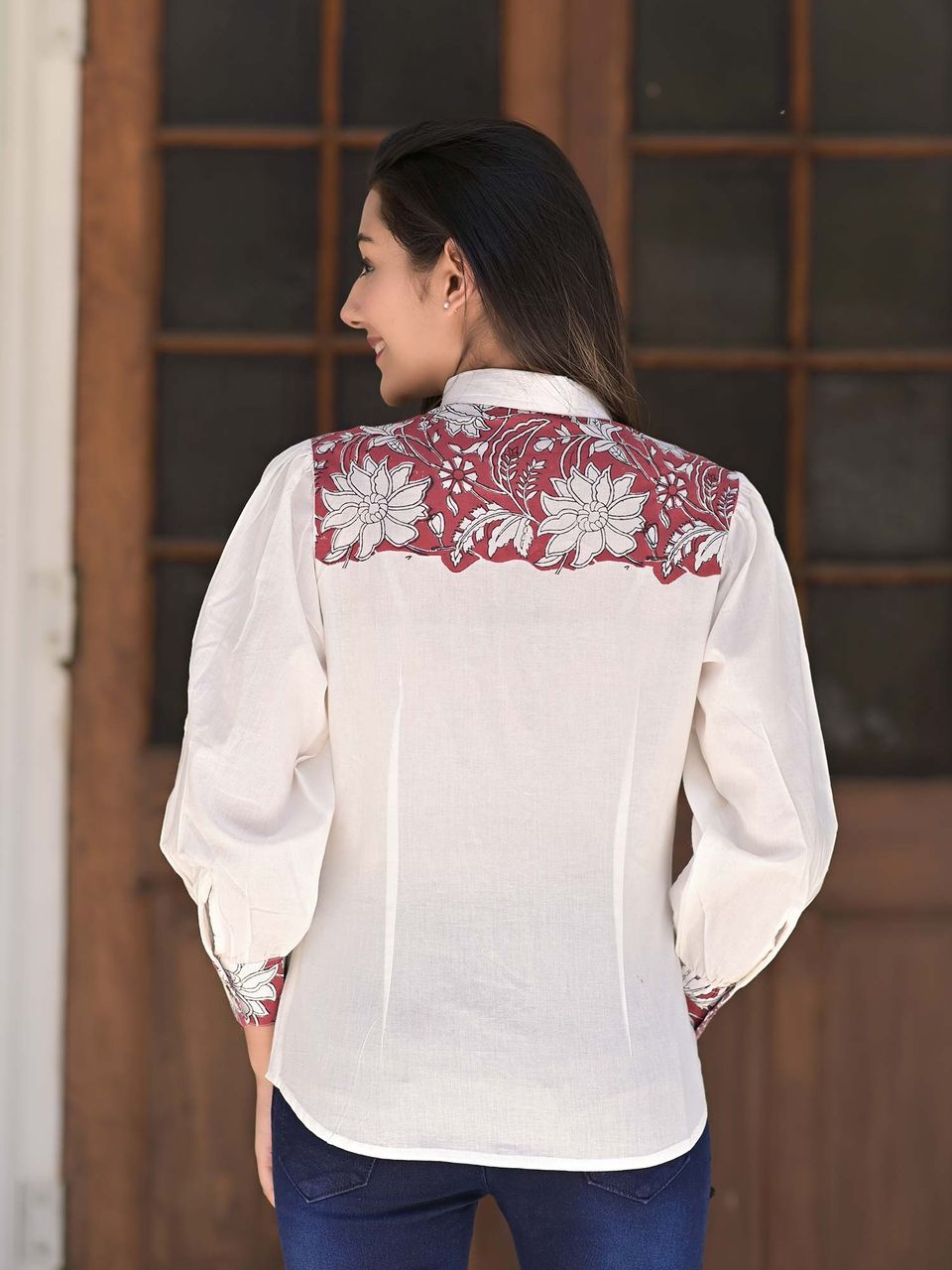 Women's Block Printed White & Red Cotton Shirt - Hatheli