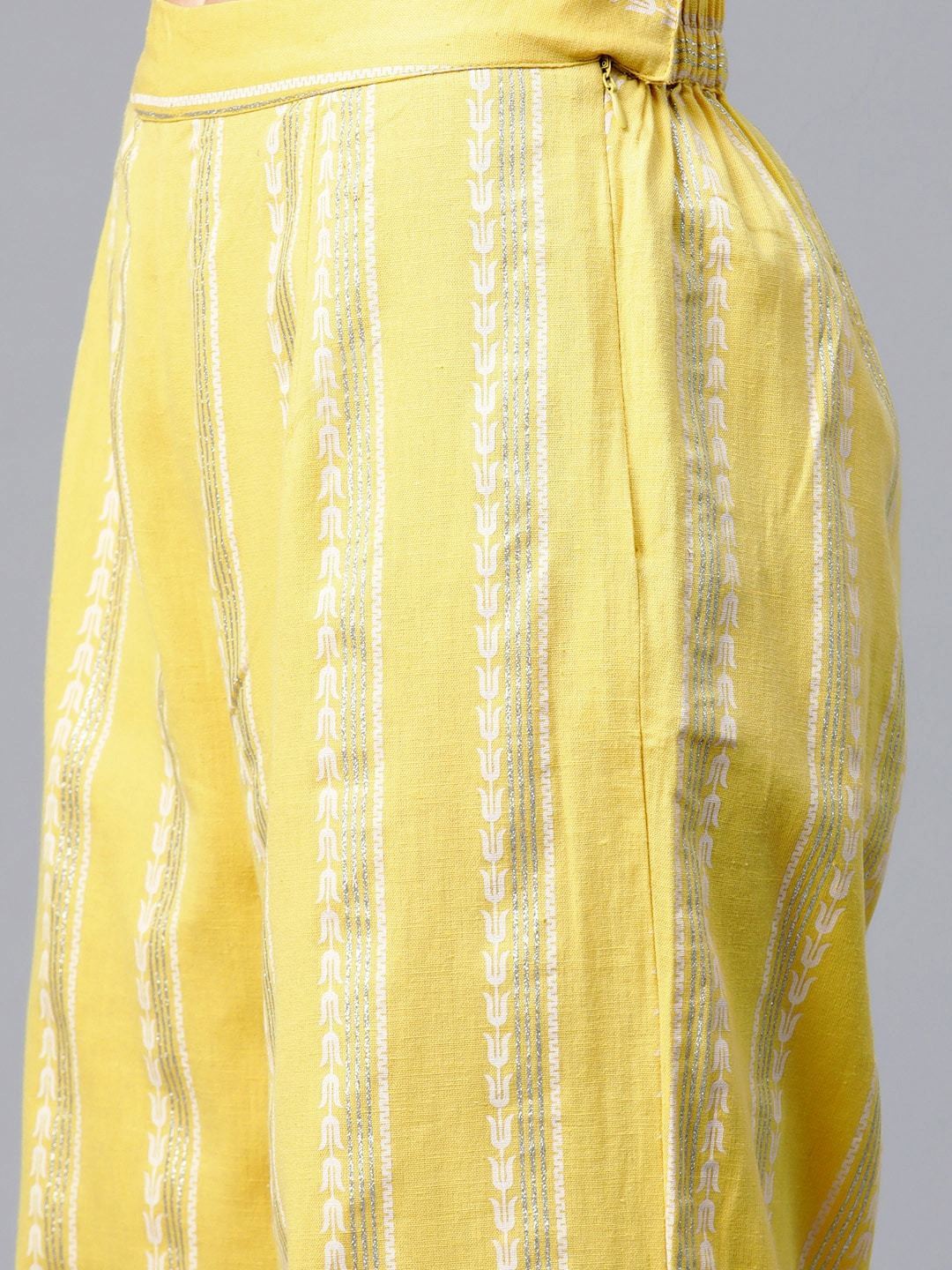 Women's  Yellow & Silver Khari Striped Straight Palazzos - AKS