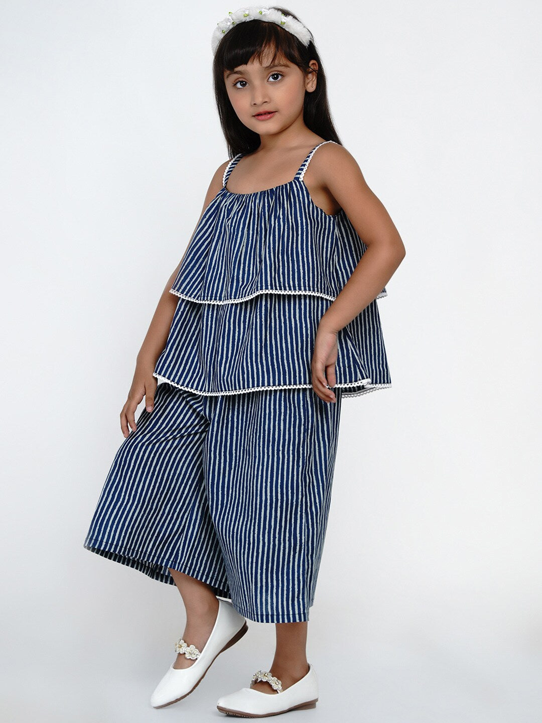 Girl's Blue & White Striped Top with Capris - NOZ2TOZ KIDS
