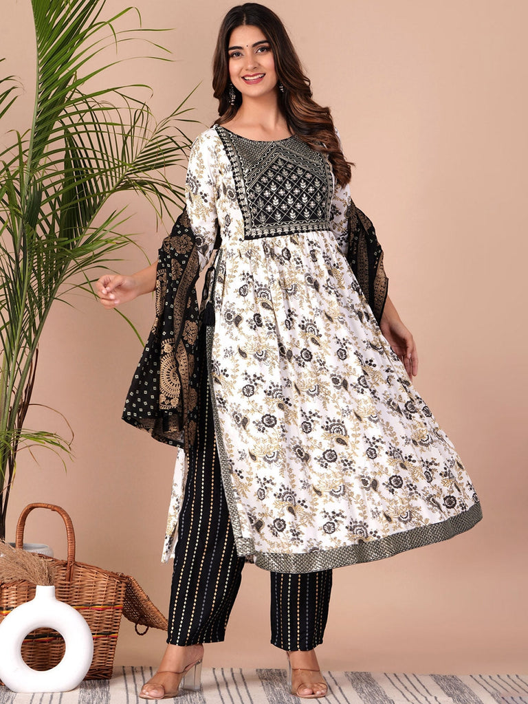 Women's Floral Printed Empire Thread Work Kurta With Palazzos & Dupatta
