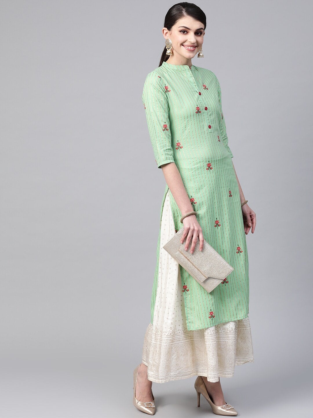 Women's Green & Golden Striped Straight Kurta - Meeranshi