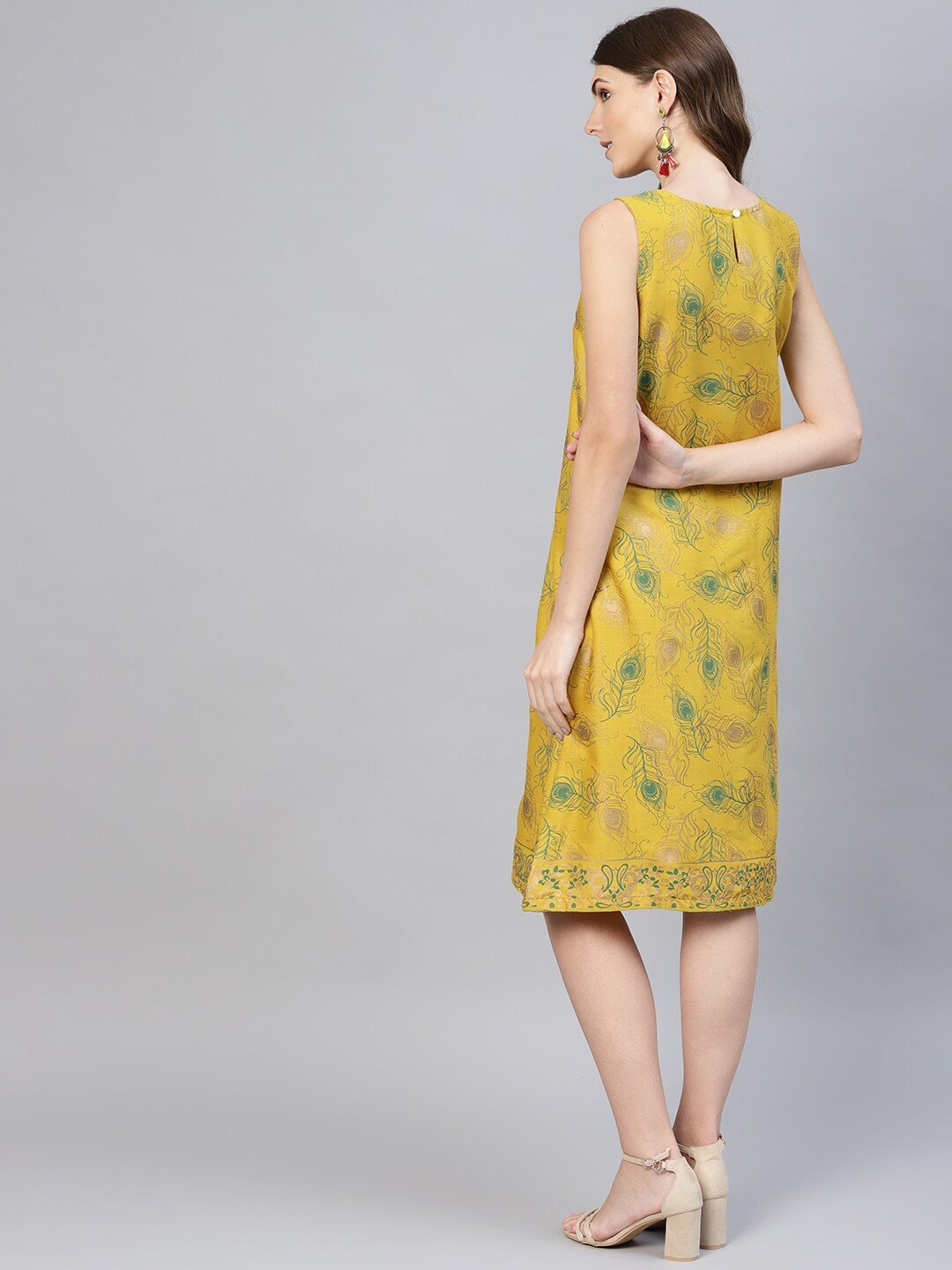 Women's  Mustard Yellow & Green Printed A-Line Dress - AKS