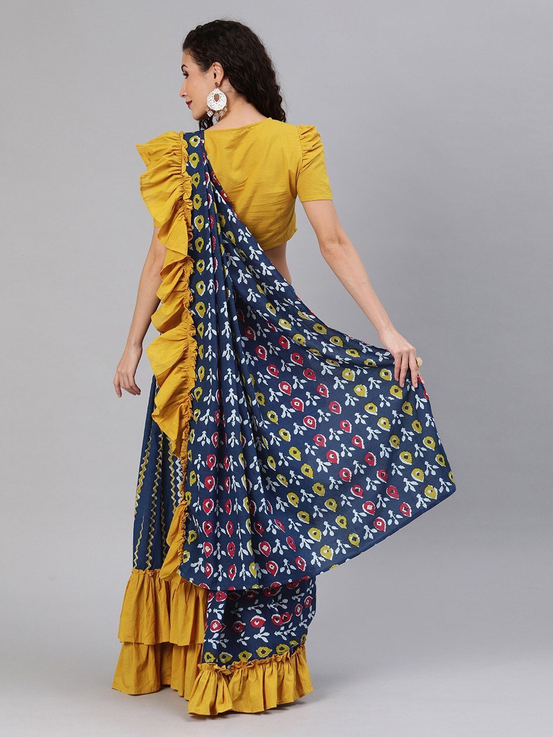 Women's Blue & Yellow Pure Cotton Printed Saree With Wrap On Blouse - AKS
