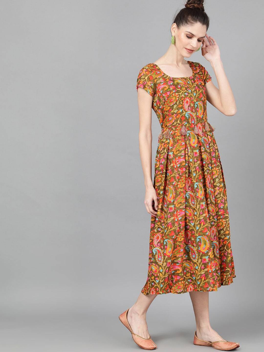 Women's  Olive Green & Orange Floral Printed Fit and Flare Dress - AKS