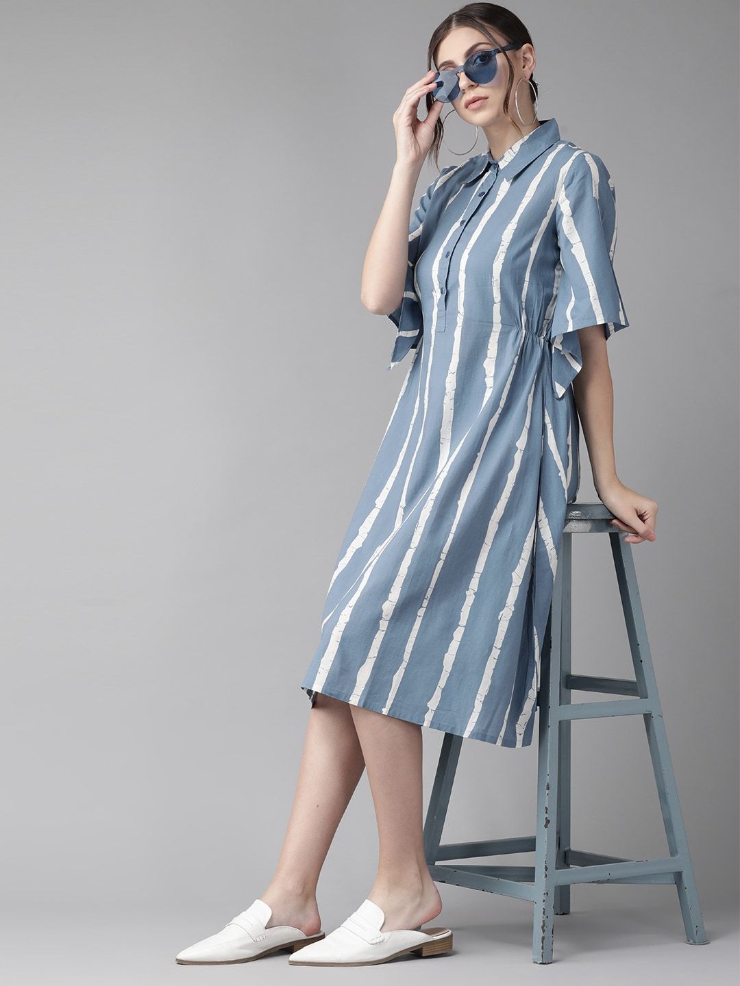 Women's  Blue & White Striped Shirt Dress - AKS