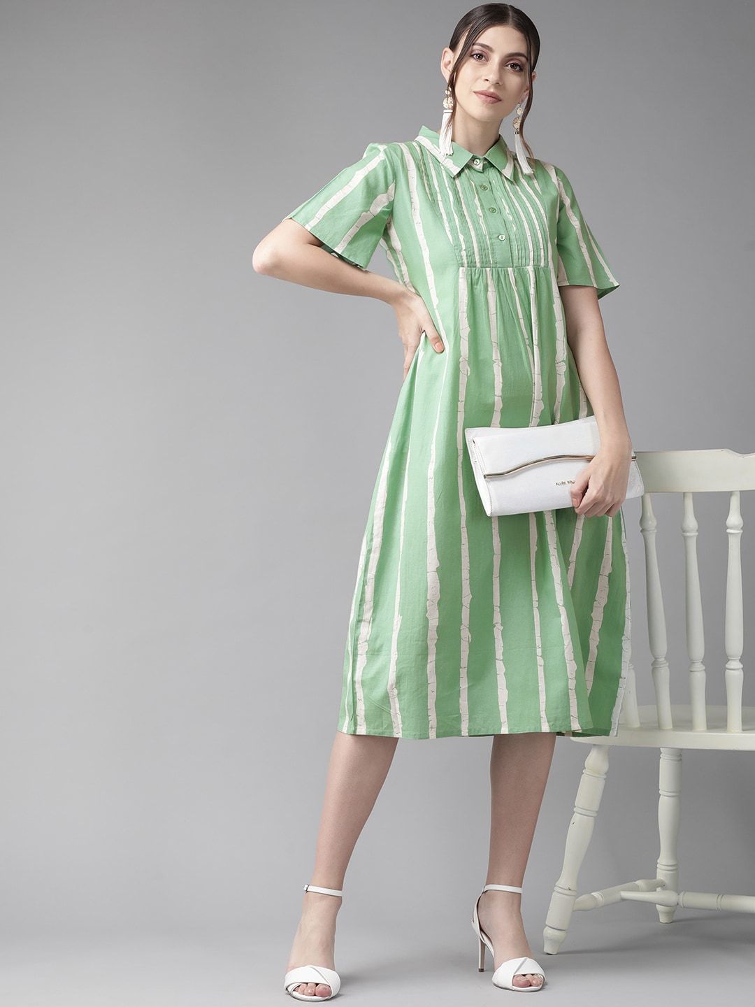 Women's  Green & White Striped Shirt Dress - AKS
