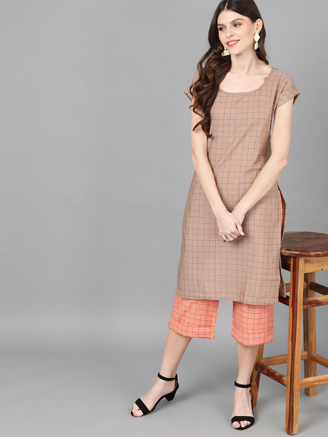 Women's  Brown & Peach-Coloured Embroidered Kurta with Trousers - AKS