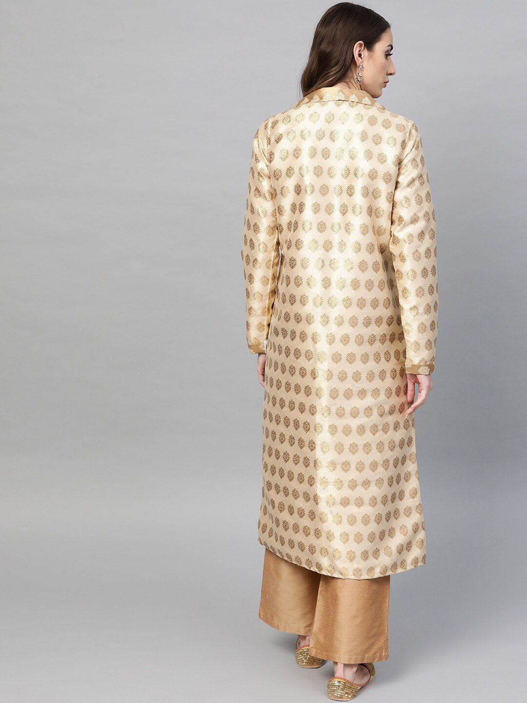 Women's  Off-White & Golden Woven Design Brocade Reversible Longline Open Front Ethnic Jacket - AKS