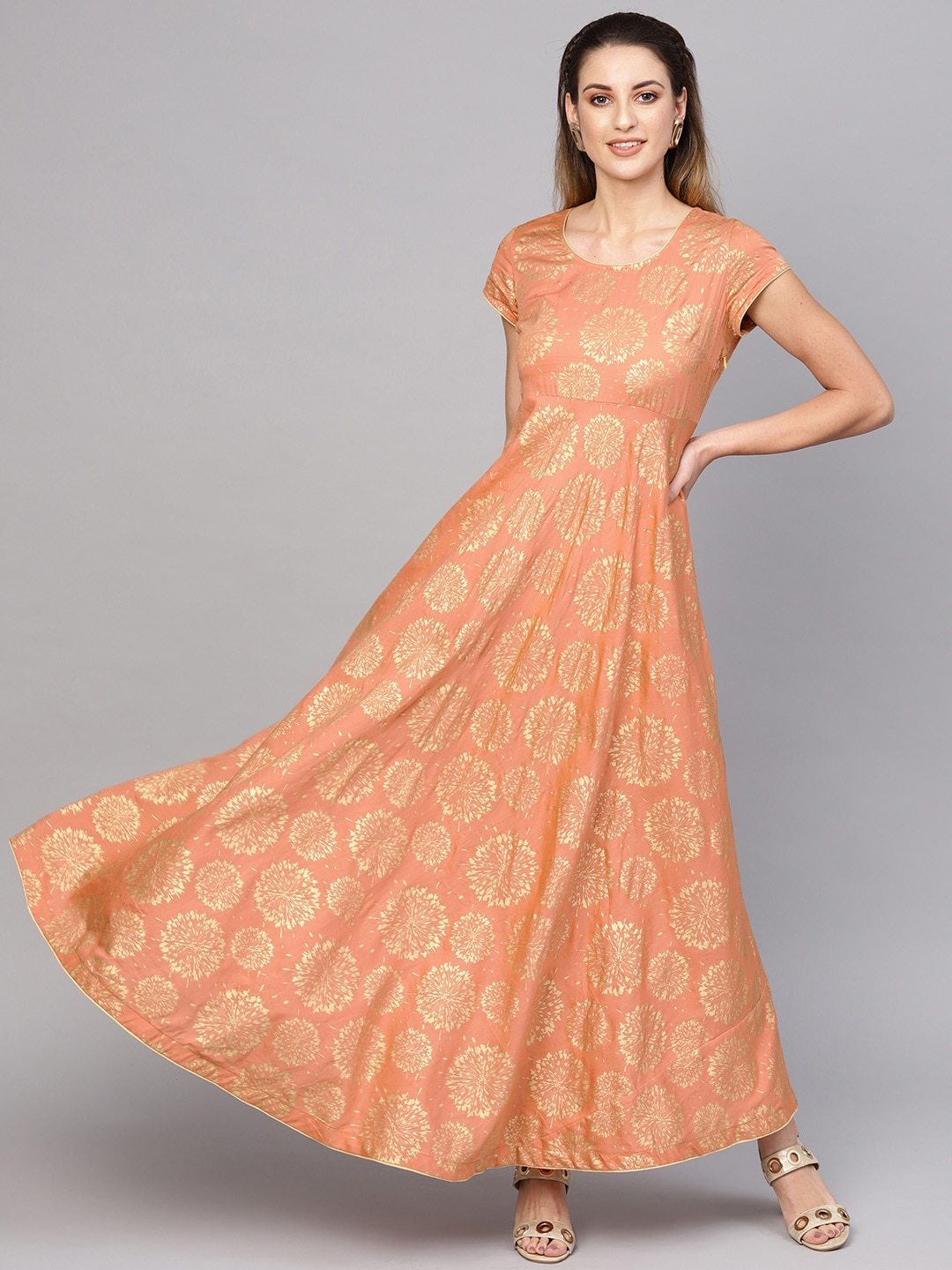 Women's  Peach-Coloured & Golden Printed Maxi Dress - AKS