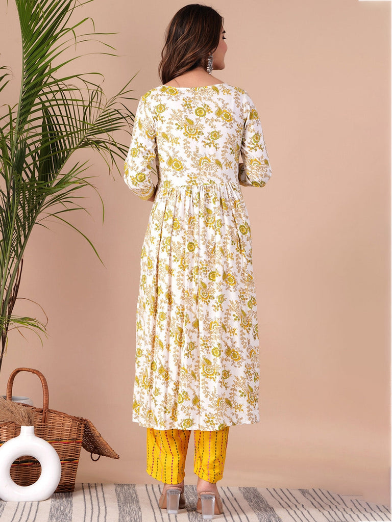 Women's Ethnic Motif Printed Thread Work Pleated Straight Kurta With Trousers & Dupatta