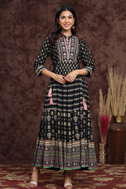 Women's Darkblue Rayon Embroidered Flared Dress - Juniper
