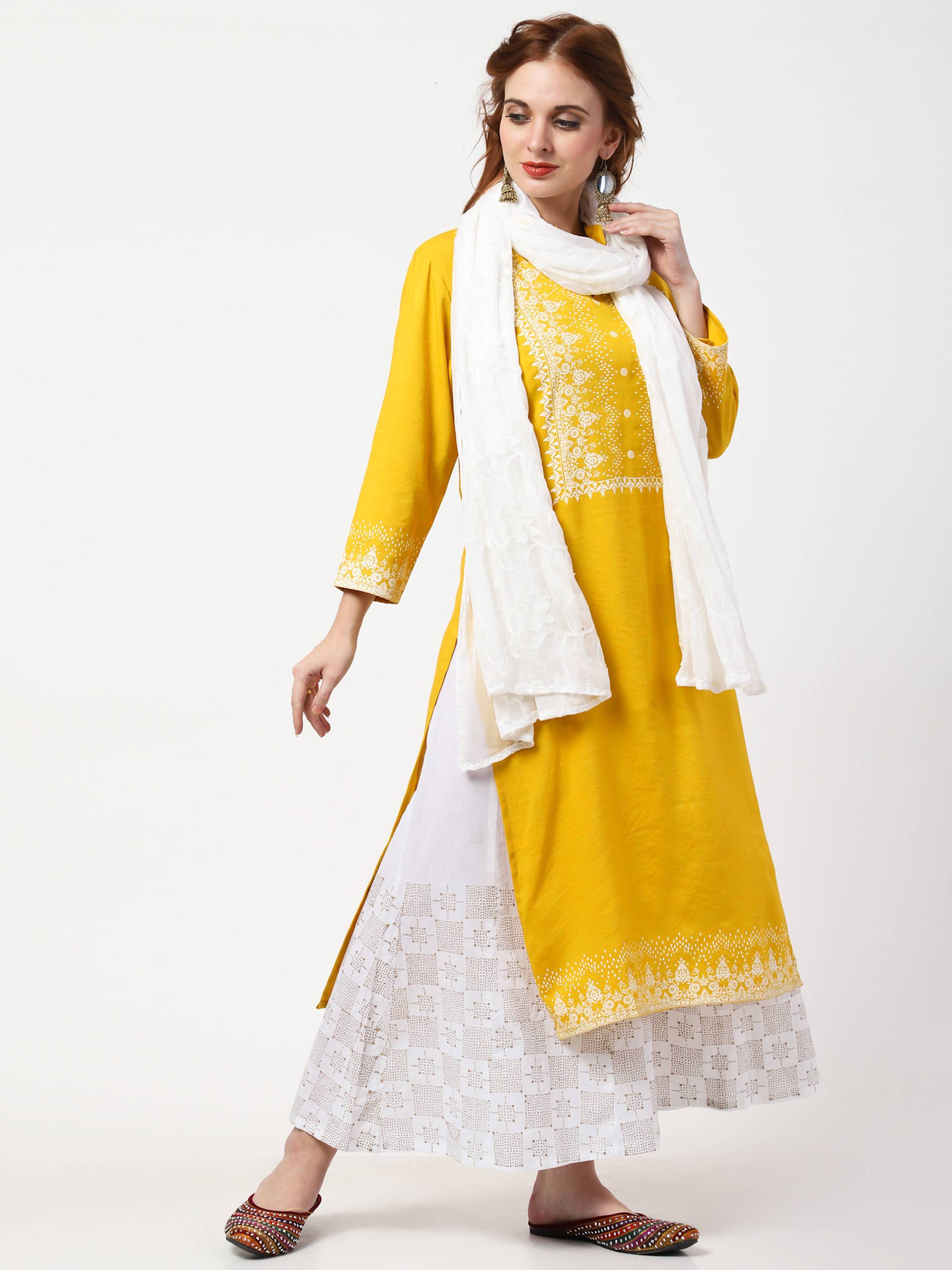 Women's Yellow & White Rayon Cotton Kurta With Palazzo & Embroidered Dupatta Set - Cheera