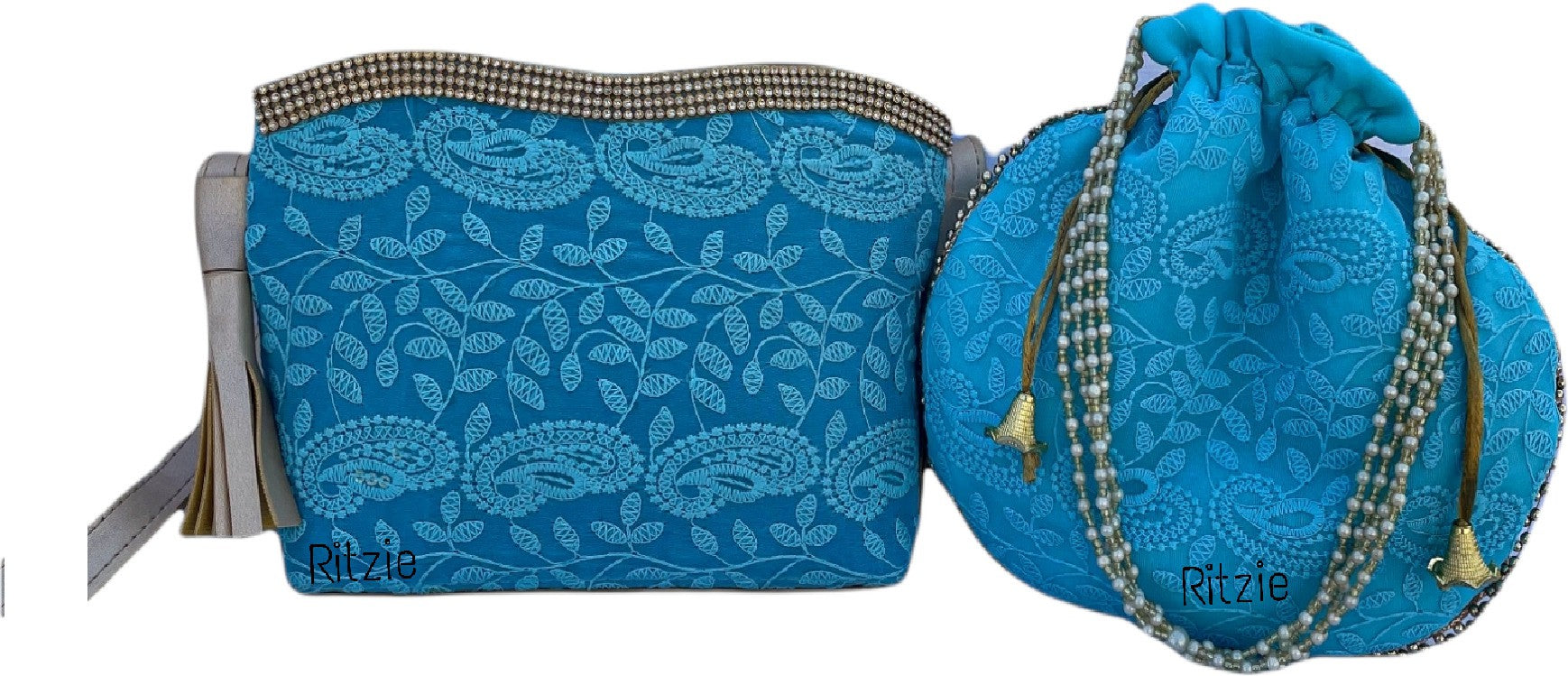 Women's Chickenkari Embroidered Crossbody Belt Sling Bag With Potli  Blue - Ritzie