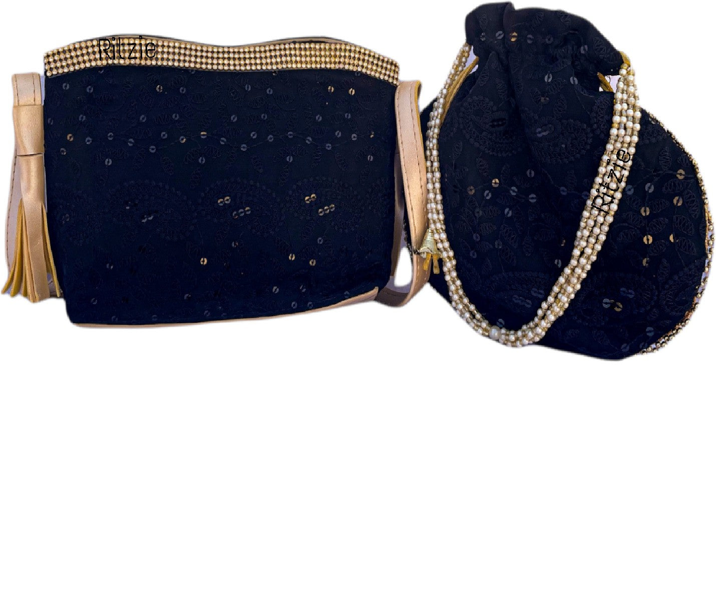 Women's Chickenkari Embroidered Crossbody Belt Sling Bag With Potli  Black - Ritzie