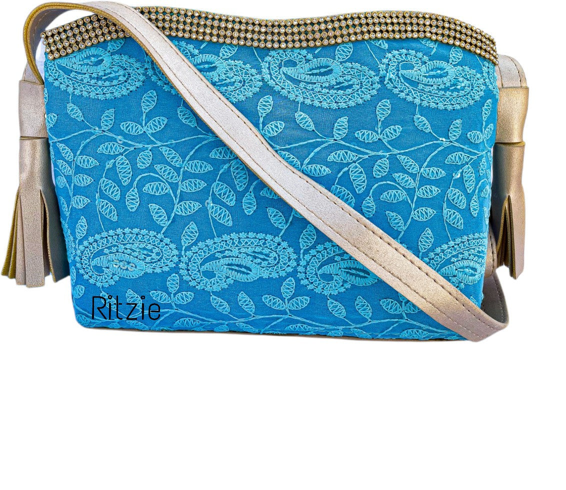 Women's Chickenkari Embroidered Crossbody Belt Sling Bag With Potli  Blue - Ritzie