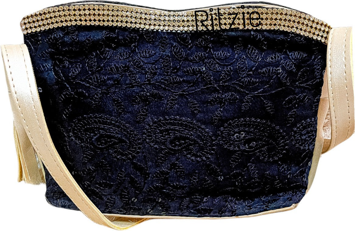 Women's Chickenkari Embroidered Crossbody Belt Sling Bag With Potli  Black - Ritzie