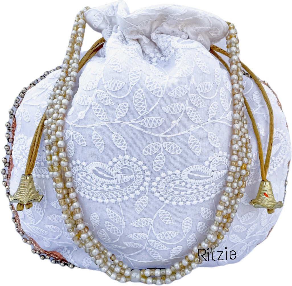 Women's Chicken Kari Embroidery Boxclutch With Potli   White - Ritzie