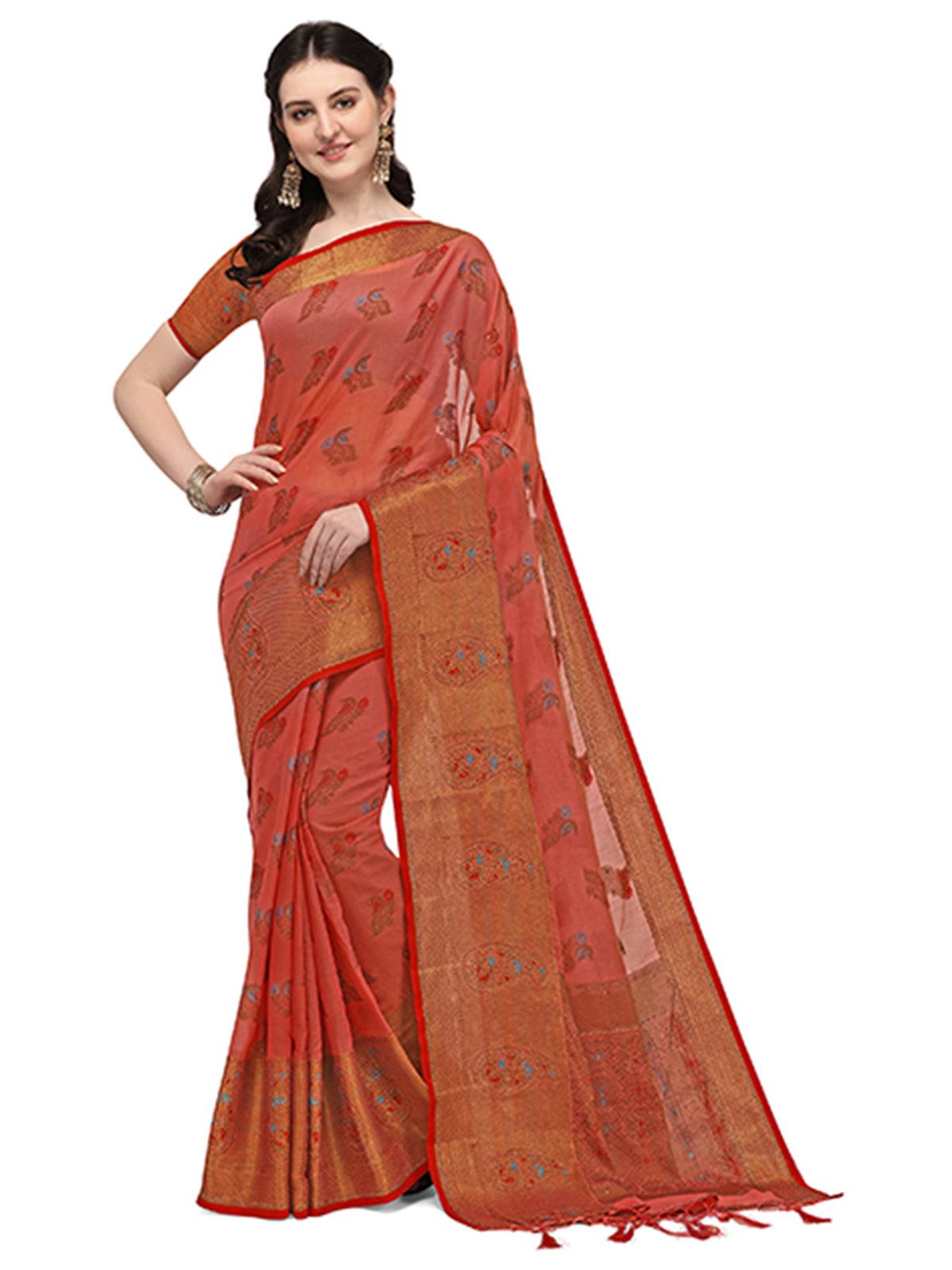 Women's Chilly Red Colour Banarasi Silk Madhubani Work Saree - Odette
