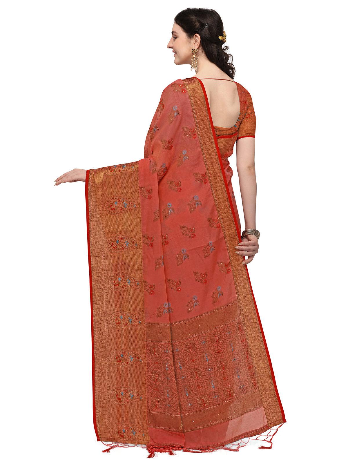 Women's Chilly Red Colour Banarasi Silk Madhubani Work Saree - Odette