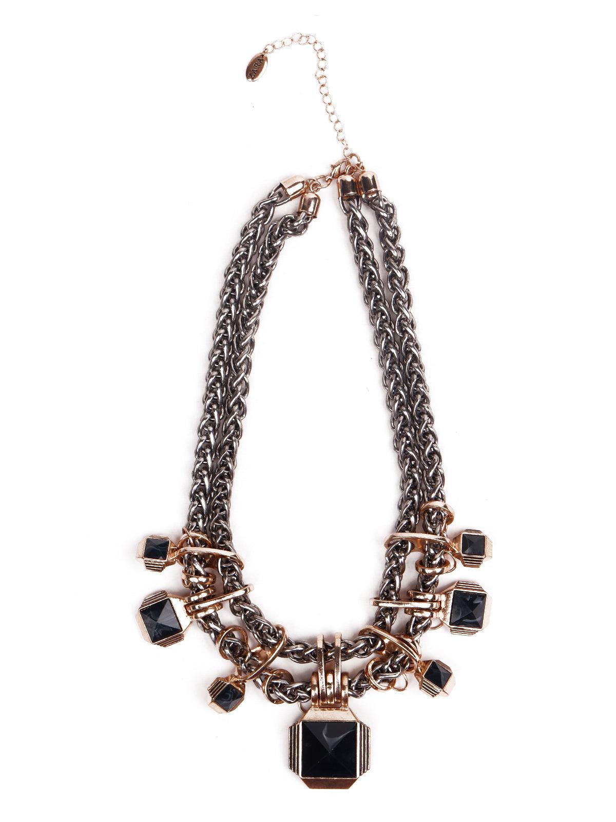 Women's Chunky Black Double Layered Necklace -Black - Odette
