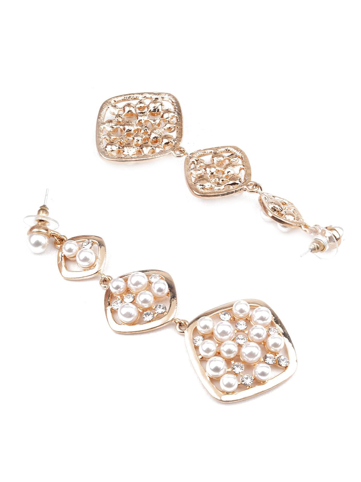 Women's Classy White And Gold Faux Pearl Dangle Earrings - Odette