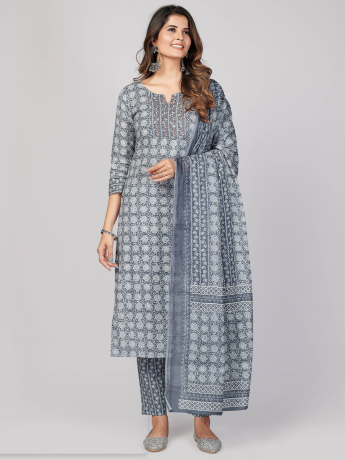 Women's Printed & Embellished & Mirror Work Straight Cotton Grey Stitched Kurta Pant With Dupatta (3Pcs Set) - Vbuyz