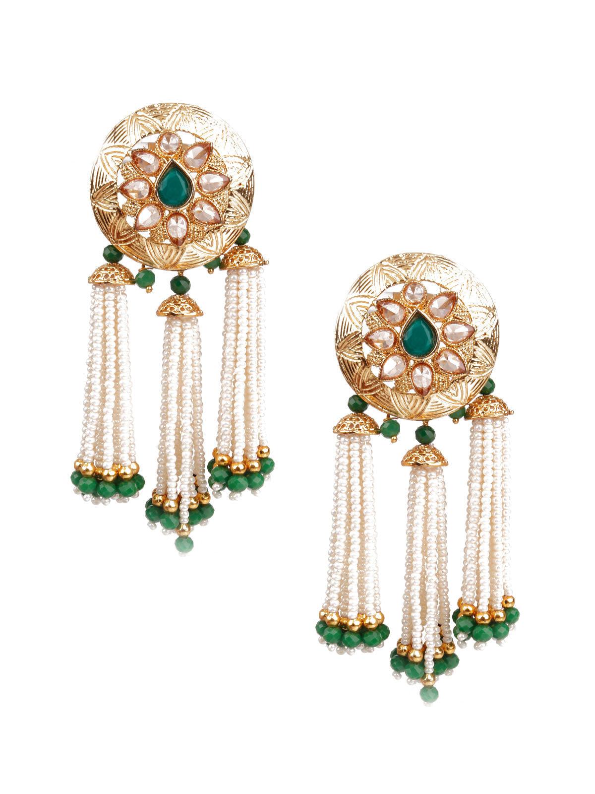 Women's Traditional Green And Gold Dangle Earrings - Odette