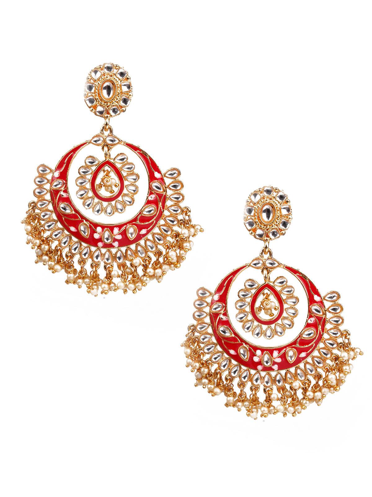 Women's Traditional Red And Gold Chandbali Earrings - Odette