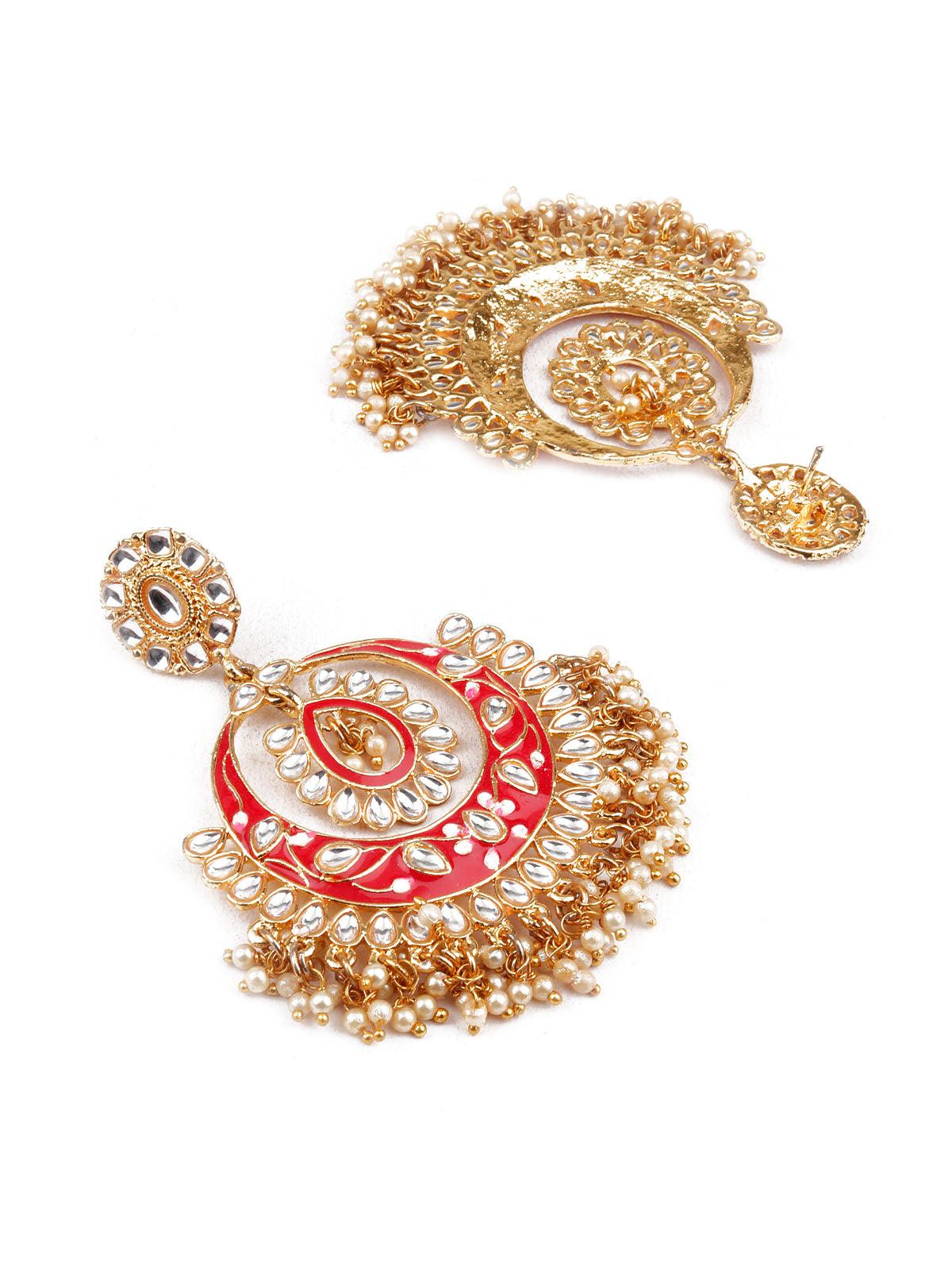 Women's Traditional Red And Gold Chandbali Earrings - Odette