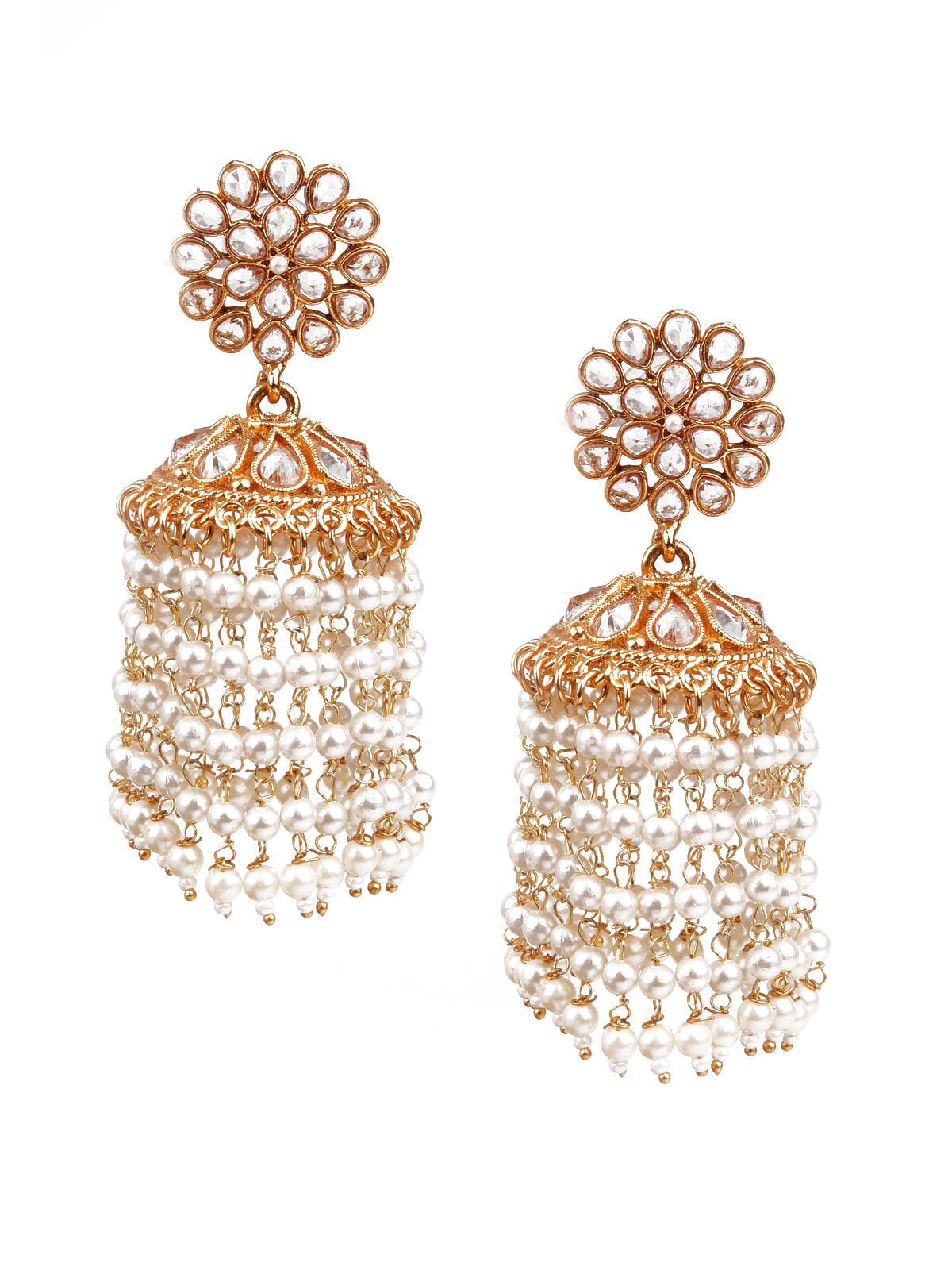 Women's Trendy Gold And White Jhumki Earrings - Odette