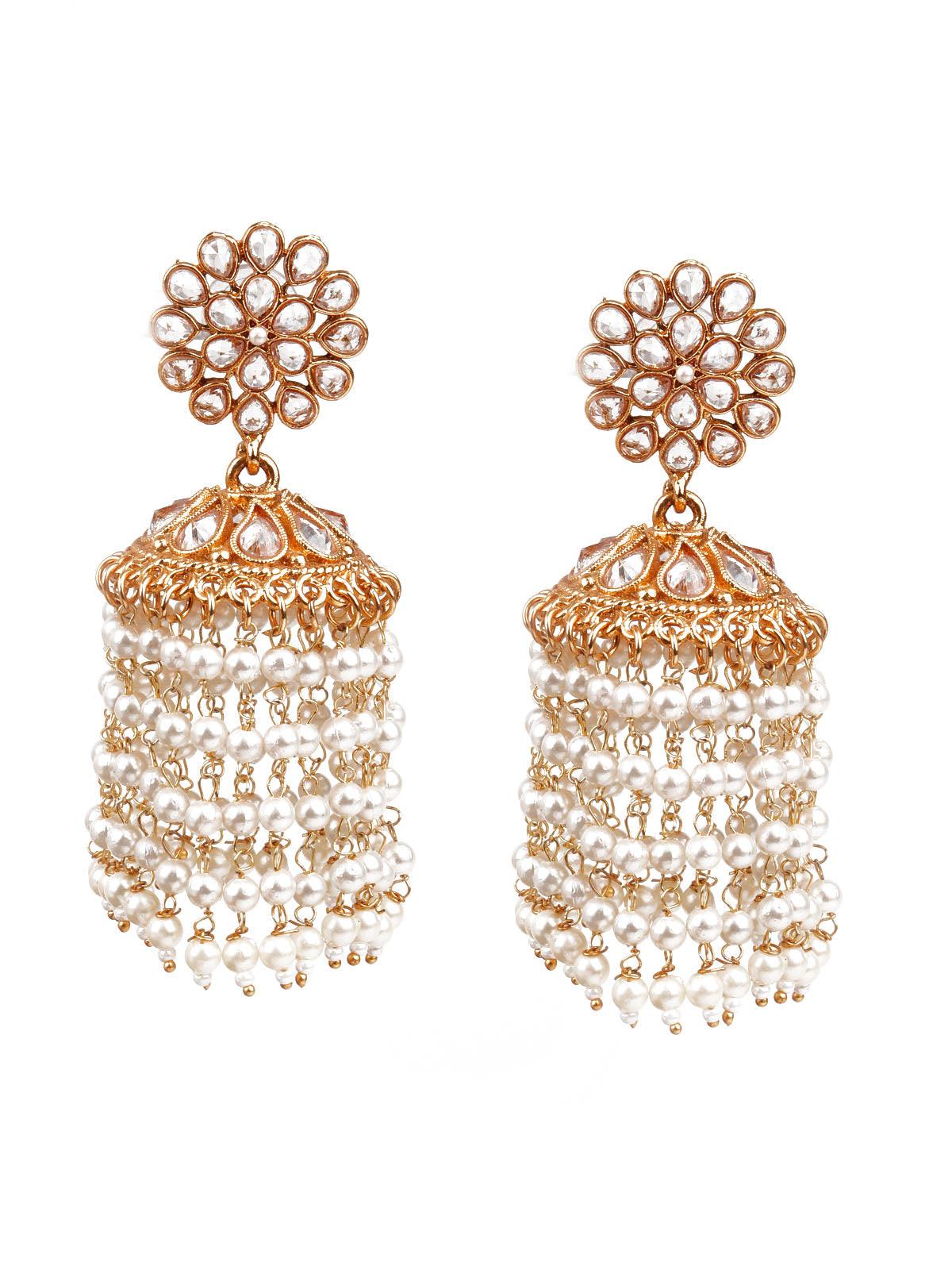 Women's Trendy Gold And White Jhumki Earrings - Odette