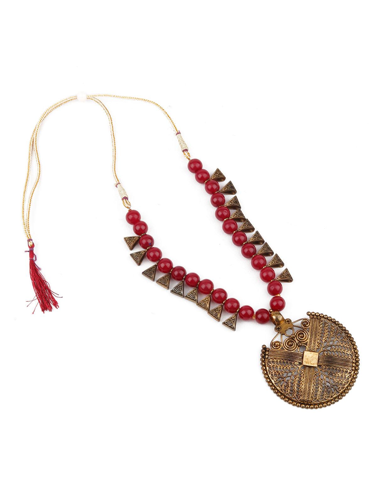 Women's Red And Gold Tribal Long Neckpiece - Odette