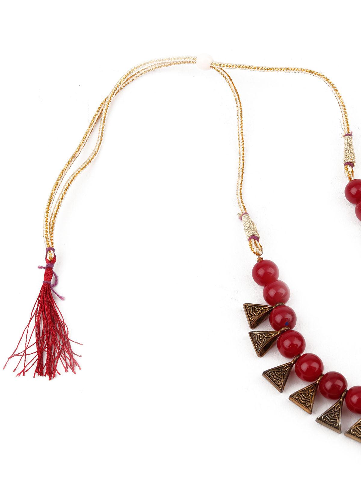 Women's Red And Gold Tribal Long Neckpiece - Odette