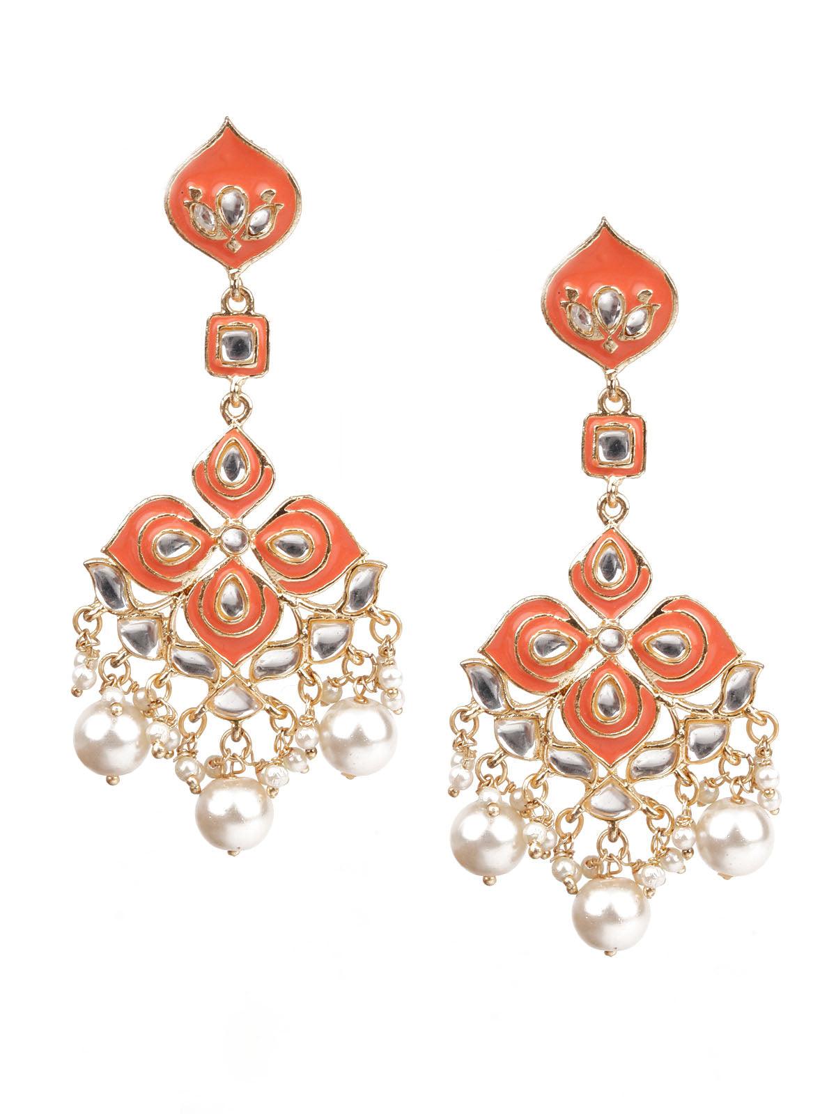 Women's Ornate Peach And Gold Dangler Earrings - Odette