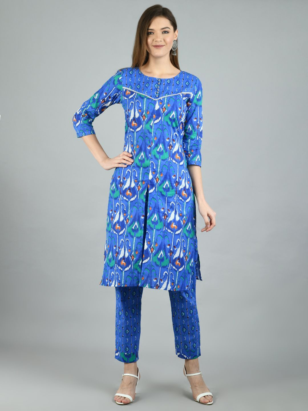 Women's Blue Cotton Printed 3/4 Sleeve Round Neck Casual Kurta Pant Set - Myshka