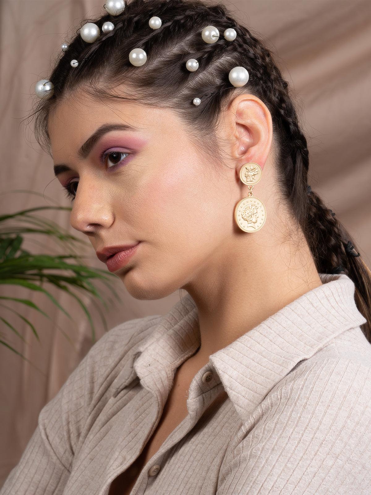 Women's Coin-Like Gold Tone Dangle Earrings! - Odette