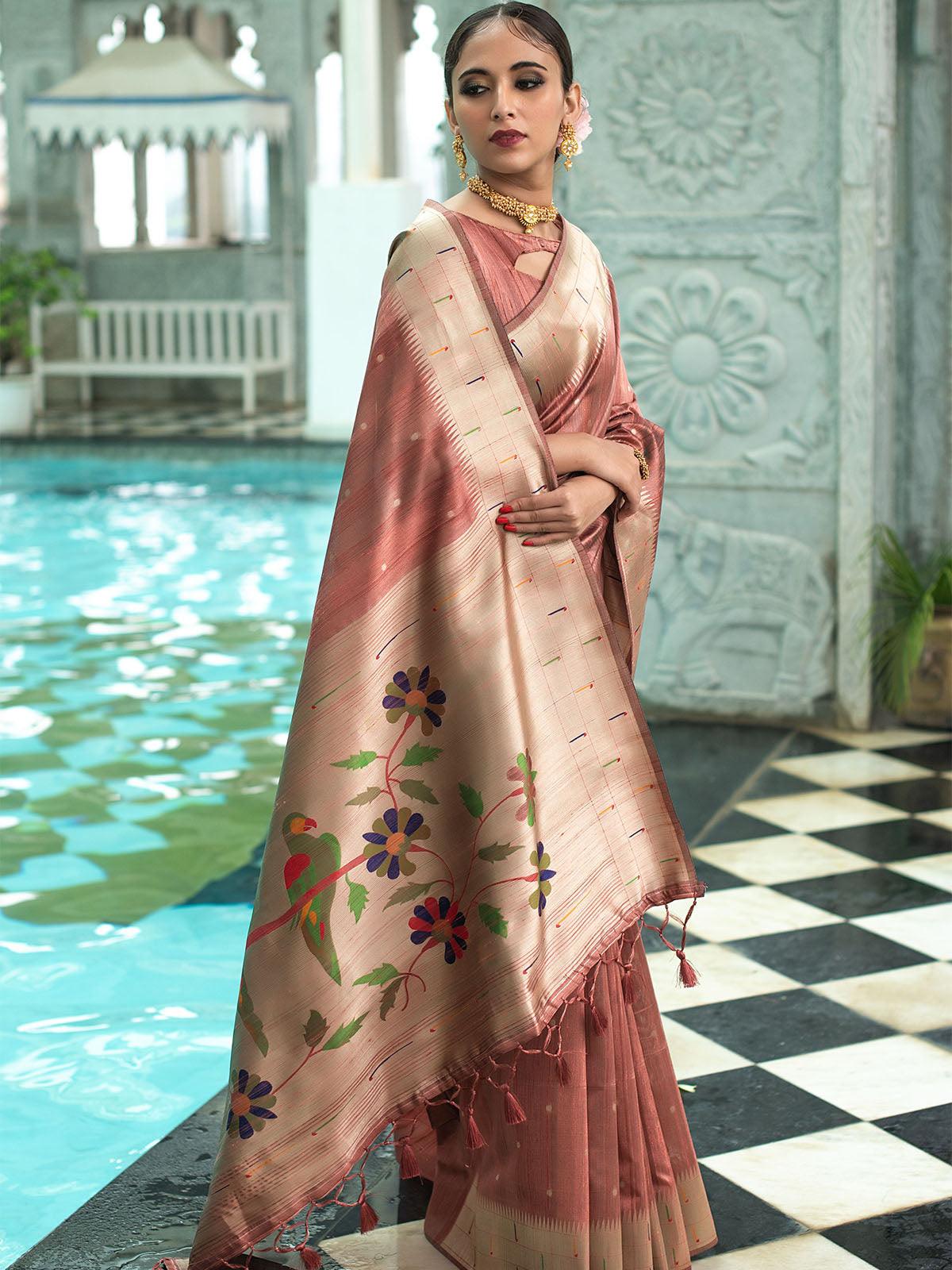 Women's Copper Tussar Silk Paithani Saree - Odette