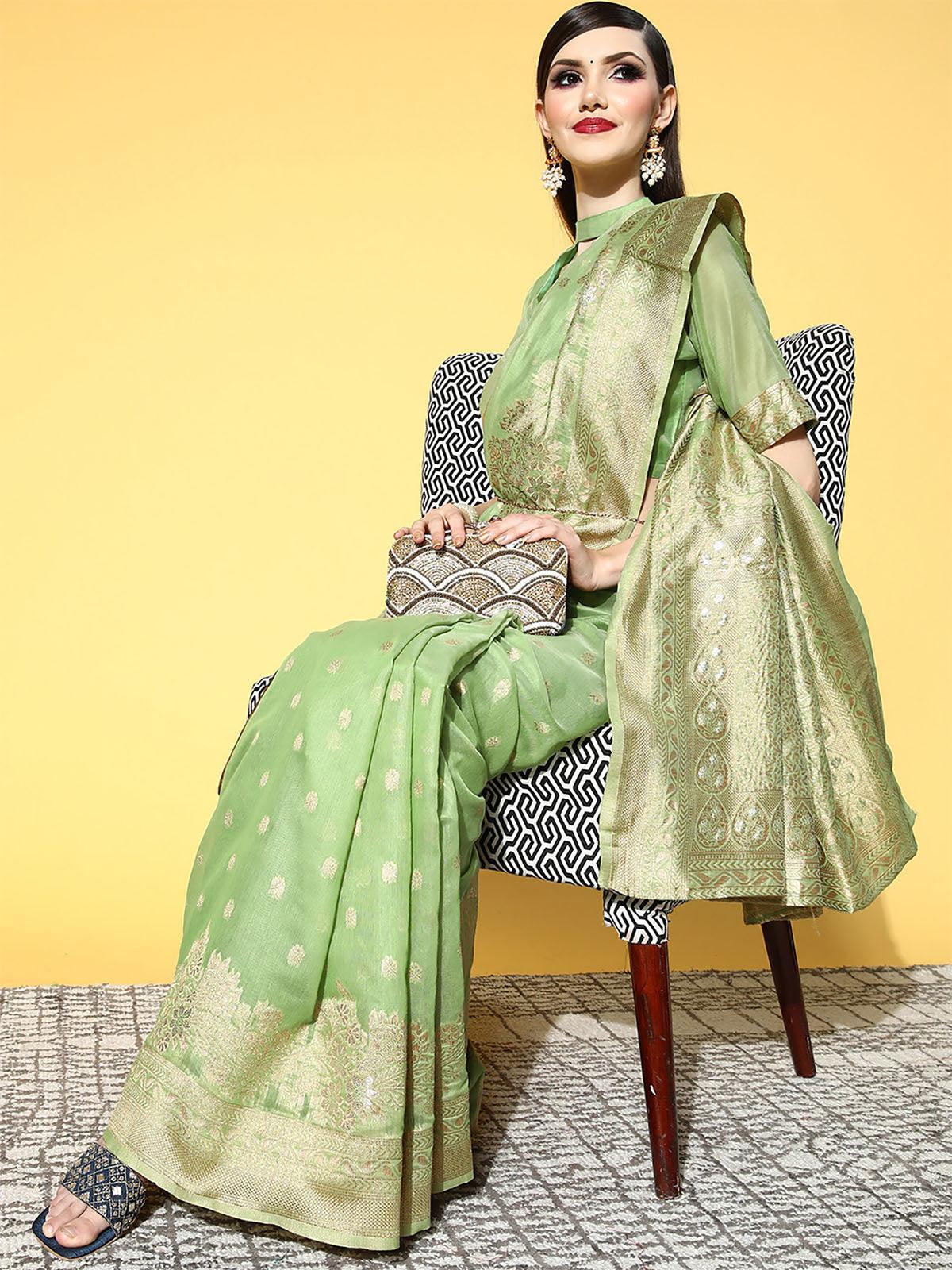 Women's Cotton Blend Green Woven Design Saree With Blouse Piece - Odette