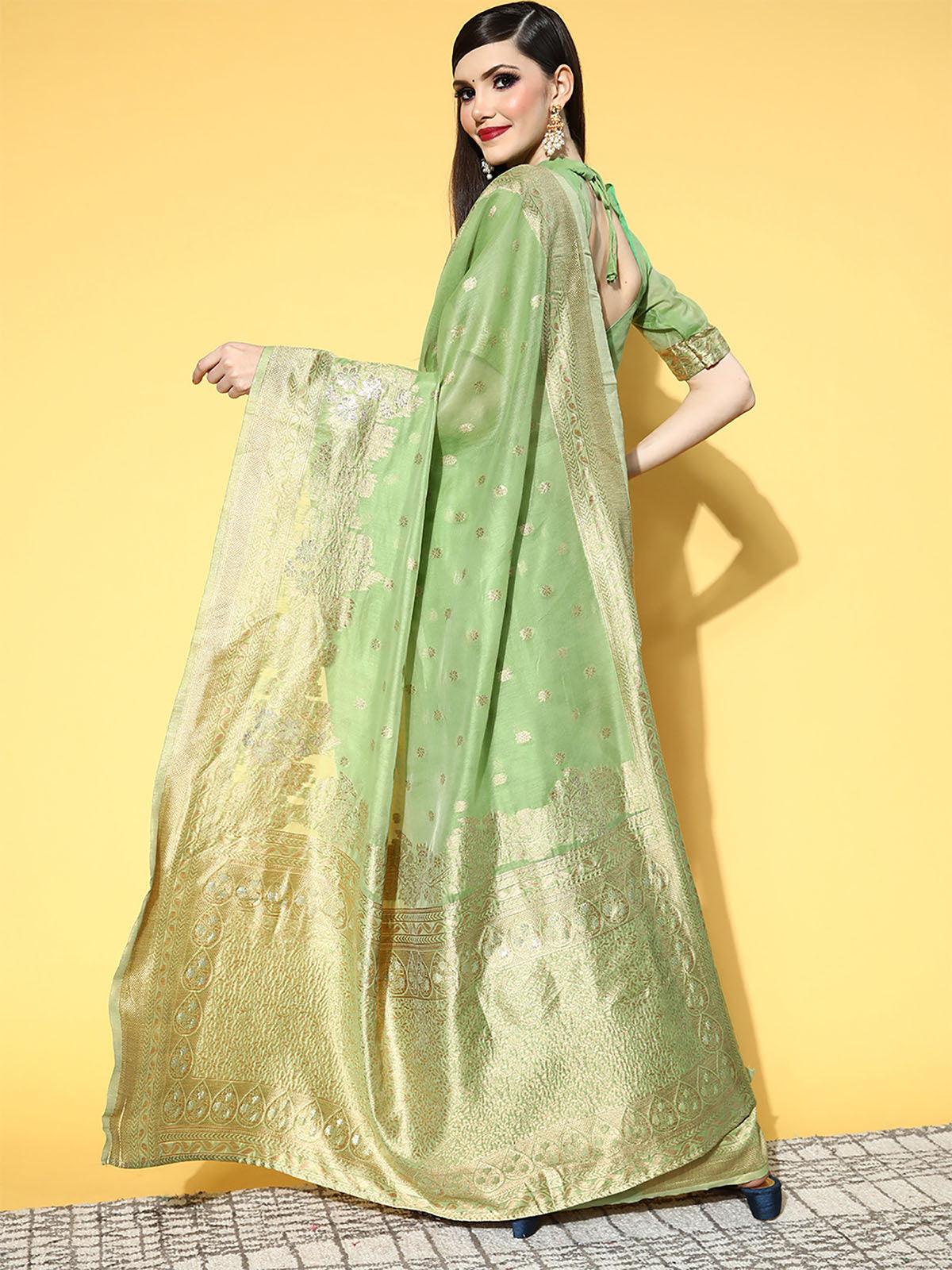 Women's Cotton Blend Green Woven Design Saree With Blouse Piece - Odette