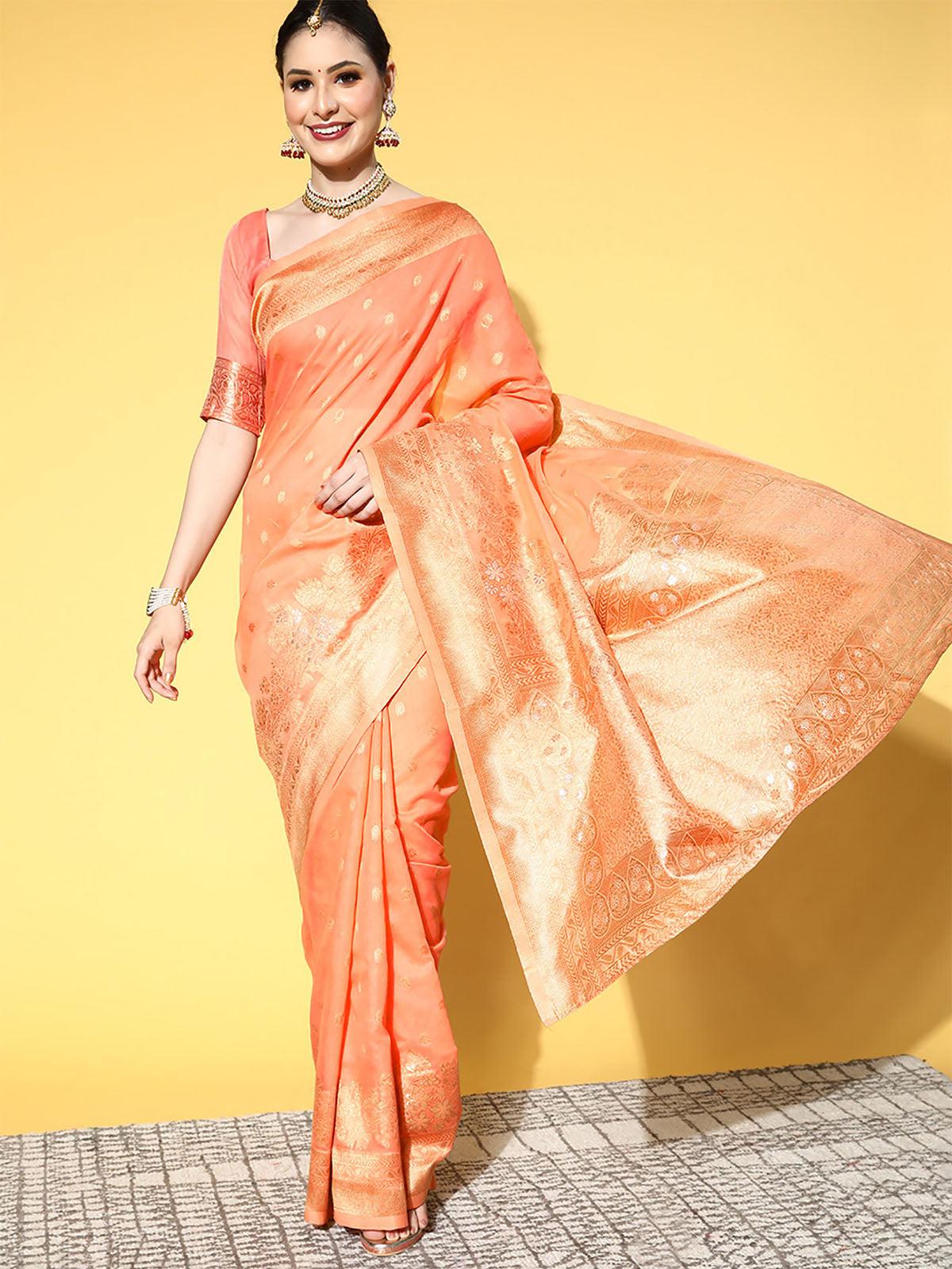 Women's Cotton Blend Peach Woven Design Saree With Blouse Piece - Odette