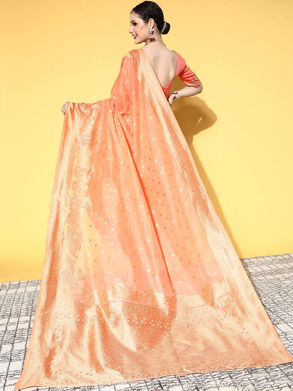 Women's Cotton Blend Peach Woven Design Saree With Blouse Piece - Odette